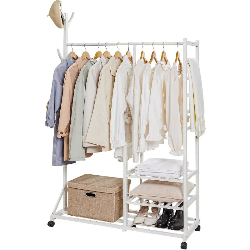 Clothing Rack Bamboo Garment Rack Rolling Coat Rack Multifunctional Bedroom Hanging Clothing Organizer Hat Tree