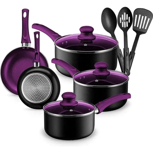 Chef's Star Pots And Pans Set, Nonstick Aluminum Cooking Essentials 11 Pieces Purple