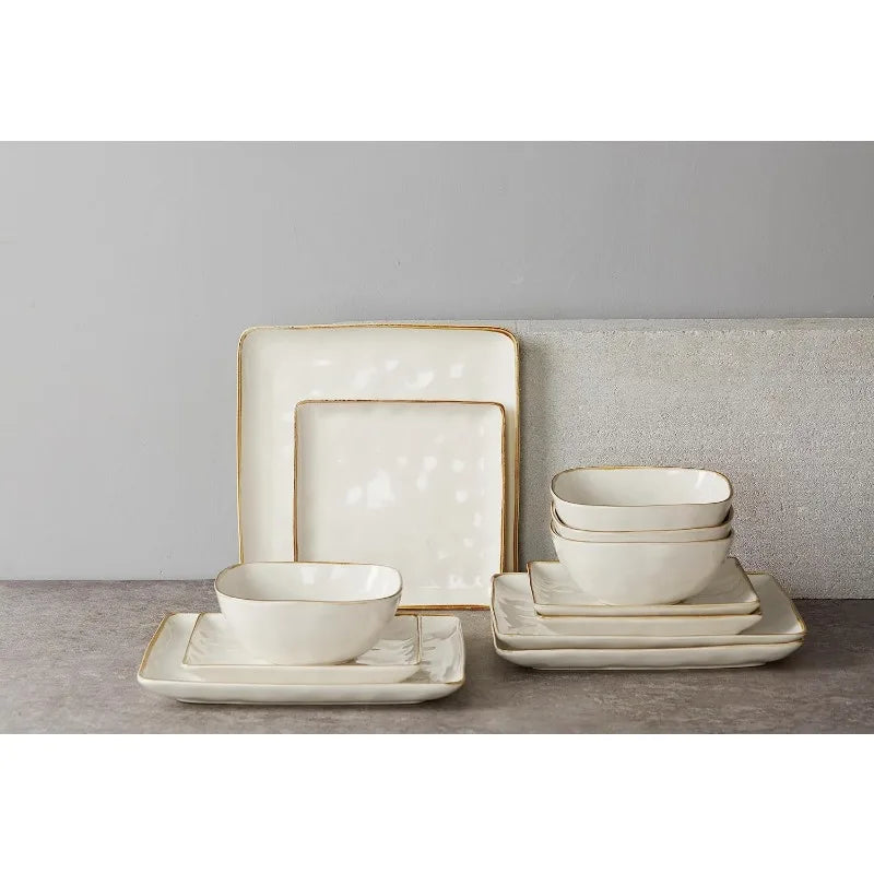 Ocean Square 12-Piece Kitchen Plates and Bowls Sets, Microwave and Dishwasher Safe,