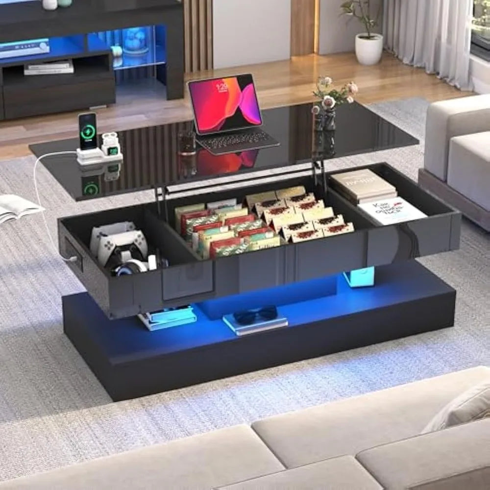 Lift Top Coffee Table, Modern High Glossy LED Coffee Tables