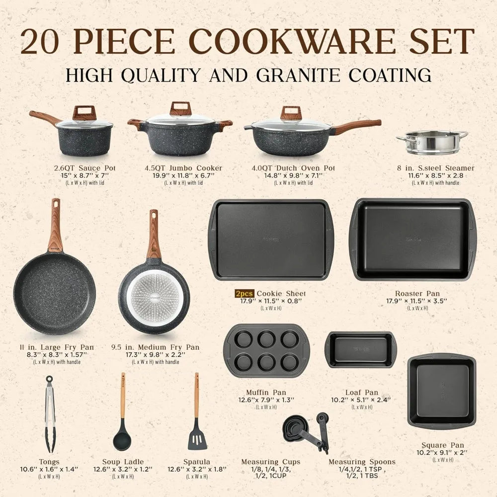 20-Piece Kitchen Cookware Set – Granite Non-Stick – for All Stoves & Oven-Safe - Marble coating