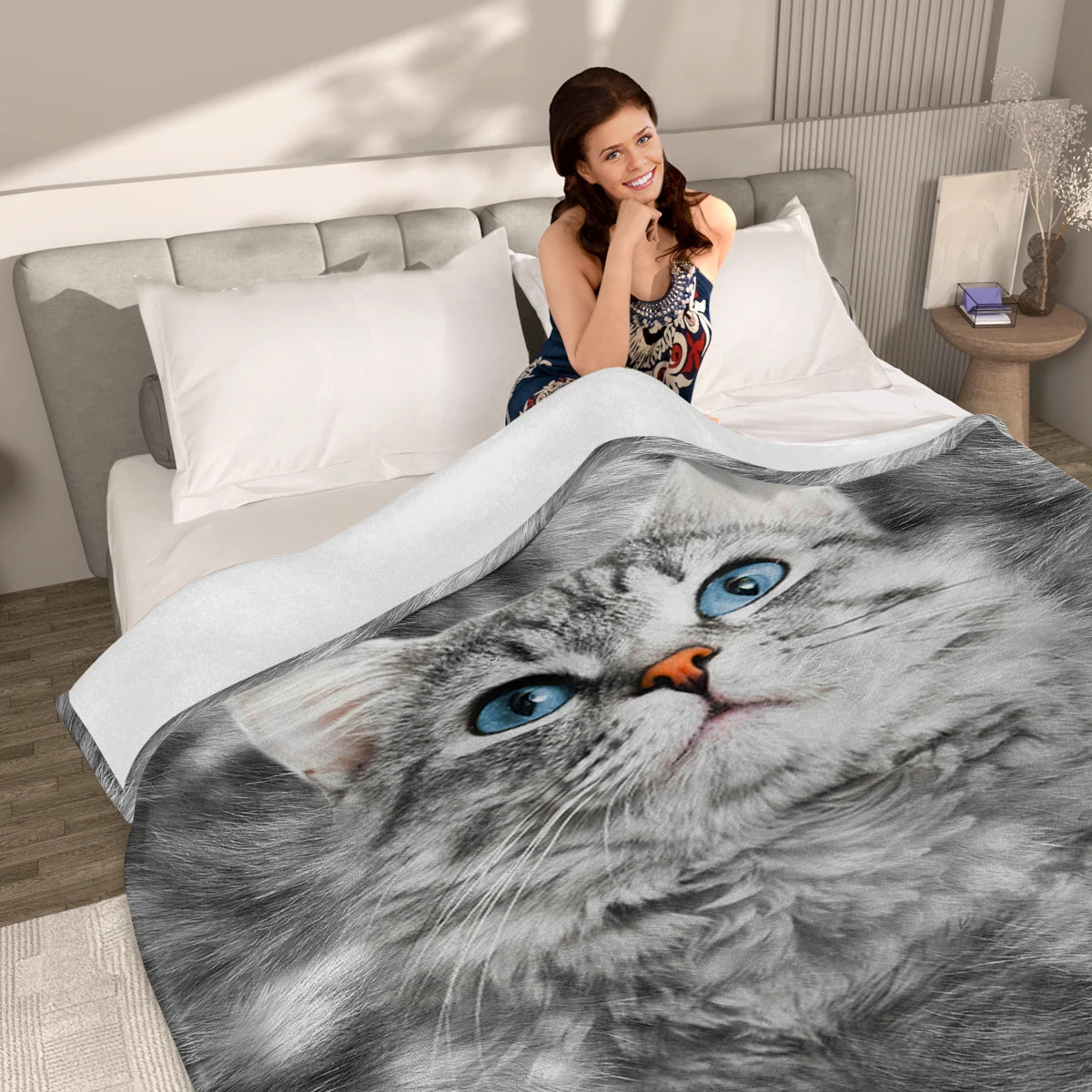 Cute Gray Cat with Thick Hair Printed Flannel Throw Blanket