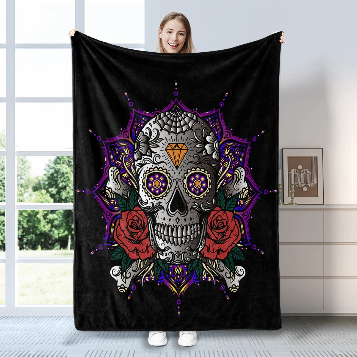 Skull with Rose Lotus and Diamond Printed Flannel Throw Blanket