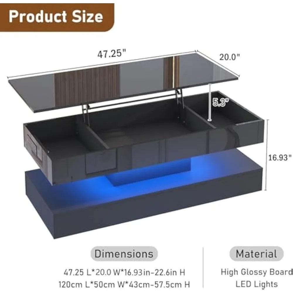 Lift Top Coffee Table, Modern High Glossy LED Coffee Tables