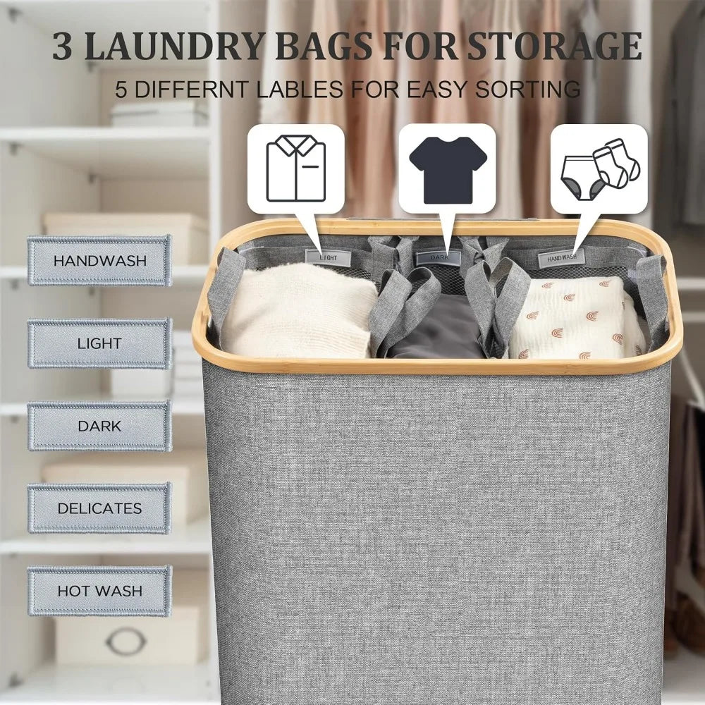 160L Laundry Hamper with Lid Extra Large 3-Section with Bamboo Handles and Removable Laundry Bags for Bathroom Laundry Room Grey