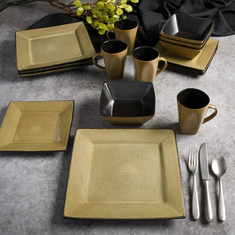 Square Reactive Glaze Stoneware Dinnerware Set, Service for 4 (16pcs),