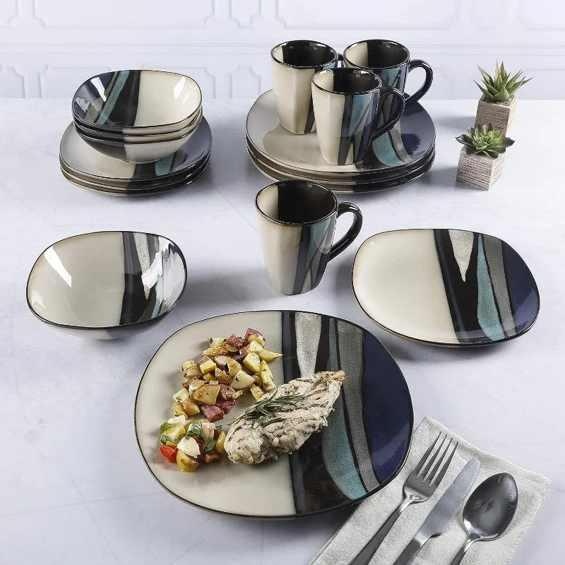 Square Reactive Glaze Stoneware Dinnerware Set, Service for 4 (16pcs),