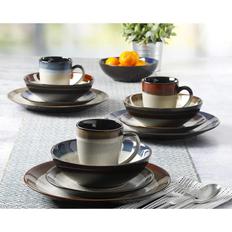 Round Reactive Glaze Stoneware Dinnerware Set, Service for 4